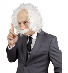 Peruka Męska Biała Einstein  Wąsy + Okulary Naukowiec