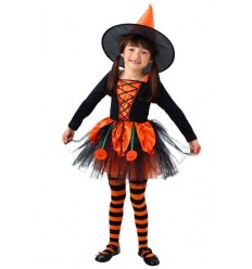 Zestaw Strój Czarownica Dynia + Rajstopy w Paski 2 el Halloween