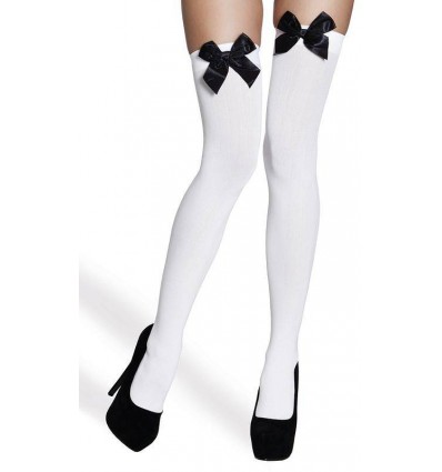 Pończochy Białe z Czarnymi Kokardami WYPRZEDAŻ