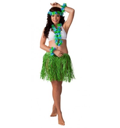 Zestaw Hawajski Zielony Kwiaty Spódnica Opaska Bransoletki Hawaje Aloha 3 el.